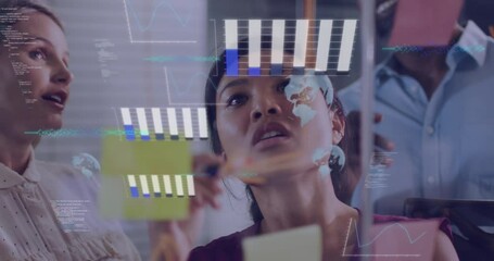 Poster - Animation of data processing against diverse colleagues discussing over memo notes at office