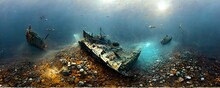 Wide Panorama Underwater Ocean With Sand Covered With Very Small Pebbles And 3 Big Rocks At Second Plan A Little Underwater Ship Wreck Lying On A Rif Foregroung With Hundreds Of Fishes Swimming In 