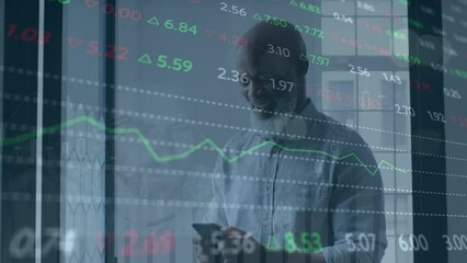 Poster - Animation of stock market data processing against african american man using smartphone at office