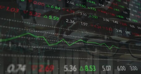 Poster - Animation of financial data processing over diverse woman using laptop