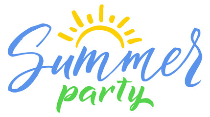 Sticker - Summer party lettering. Handwritten colorful text with rising sun