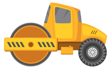 Sticker - Road compactor icon. Cartoon construction machine side view