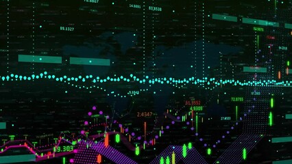 Wall Mural - Animation of financial data processing over world map against black background