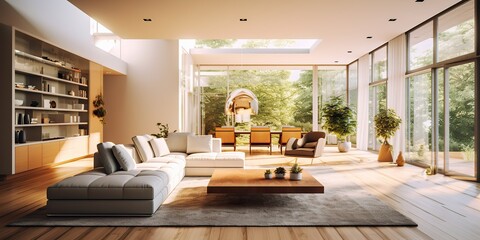 Wall Mural - AI Generated. AI Generative. Modern luxury elegant cozy living room architecture with nice decoration and huge window. City garden view. Graphic Art