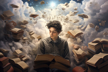 Wall Mural - the guy among the books in the clouds, fantasy dream world, reading literature