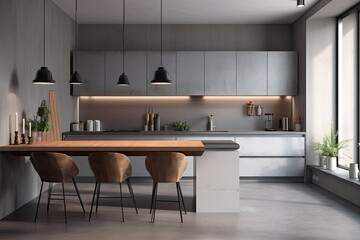 Wall Mural - Interior of a contemporary kitchen with gray counters, concrete floors, and white gray walls. Poster mockup on the wall. Generative AI