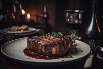 Wall Mural - Gourmet Grilled Steak. Closeup on Beef Meat Plated to Perfection with Blur Background