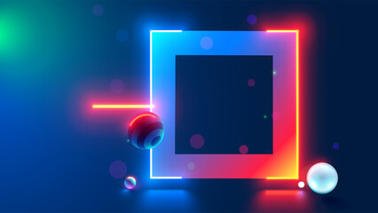Fototapete - Neon rectangle glowing frame in dark cyberspace with hanging 3d spheres. Abstract tech square border or frame in modern technology style. Podium or background for object consist at red, blue neon lamp