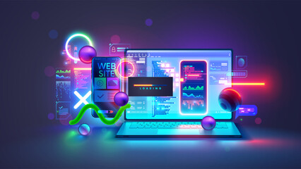 Leinwandbilder - Website software development concept. Web design site and mobile app on laptop, testing on phone. Code on screen laptop, loading on smartphone from cloud storage. Computer software technology banner.