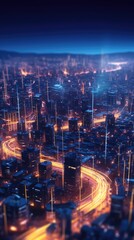 Wall Mural - Abstract background of high speed global data transfer and super fast broadband in futuristic tech city at night - Generative AI illustration