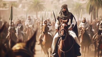 Wall Mural - ancient arab background design, moments soldiers arabian before entering the battleground