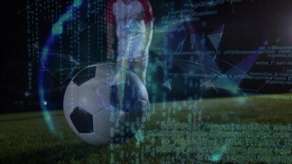 Poster - Animation of financial data processing over caucasian football player with football