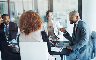Poster - Business people, meeting and leader with corporate team, laptop and workshop with management group. Executive men, women and diversity with ceo, financial strategy and discussion for planning at desk