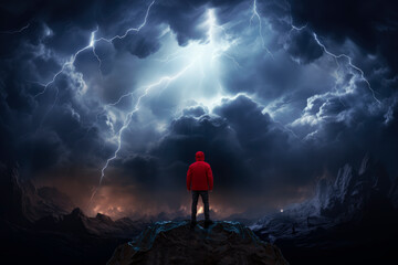 Wall Mural - man observes an epic landscape with flames and stormy. ai generative