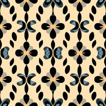 Black And Blue Floral Pattern On Beige Background, Perfect For Vintage Inspired Textile Designs.
