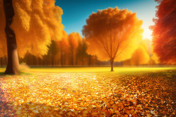Poster - Beautiful bright colorful autumn landscape with a carpet of yellow leaves. Natural park with autumn trees on a bright sunny day.