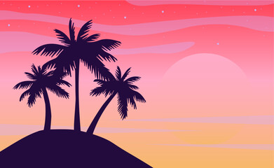 Wall Mural - Cartoon flat panoramic landscape, sunset with the palms on colourful background. Vector illustration.