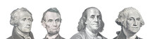 Portraits From US Dollar Bills Isolated. US Presidents. Alexander Hamilton, Abraham Lincoln, Benjamin Franklin, George Washington.