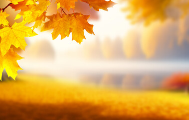 Poster - Beautiful blurred gentle universal natural light autumn background with yellow leaves and blurred bokeh.