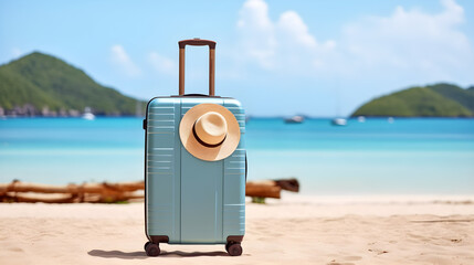 travel suitcase with hat on the beach created with Generative AI