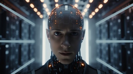 Poster - a person with a shaved head and glowing lines across their forehead stares intensely at the camera, 