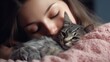 © Svfotoroom - The cat is sleeping in the girl's arms. A cozy evening. Hugs with cats. Love for cats. Home comfort. Generative AI