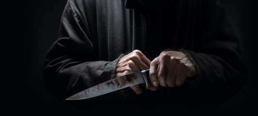 Crime, violent, offender background banner - Closeup of serial killer or murderer with bloody knife in his hands, dark black isolated (Generative Ai)