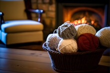 Balls Of Yarn In A Wicker Basket On An Old Wooden Table Fireplace Light Natural Lighting Shot On Canon EF 85mm F18 USM Prime Lens ISO 100 