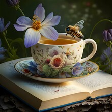 Beautiful Bee Sitting On The Edge Of A Delica China Teacup Teacup Decorated With Flowers Book Sitting Next To Teacup Summers Day Vibrant Full Color Bold 
