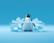 Penguin lies in a bath filled with ice cubes, the concept of refreshment in hot weather. AI generative
