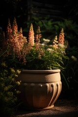 Wall Mural - Colourful flowers in ceramic planter in sunny garden, created using generative ai technology