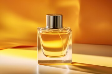 Wall Mural - rectangular glass perfume bottle in sunlight by yellow wall, created using generative ai technology