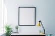 © Future Vision - Empty black frame with copy space in office on white wall, created using generative ai technology