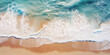 An awe-inspiring aerial view of a pristine sandy beach meeting the vast ocean, where the gentle waves caress the shore, creating a picturesque coastal paradise. generative AI