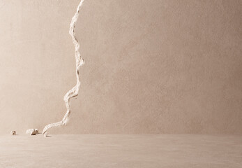 Aufkleber - Empty room for product presentation. Minimal interior abstract scene with wall and floor object placement. Broken beige texture stone wall 3d rendering