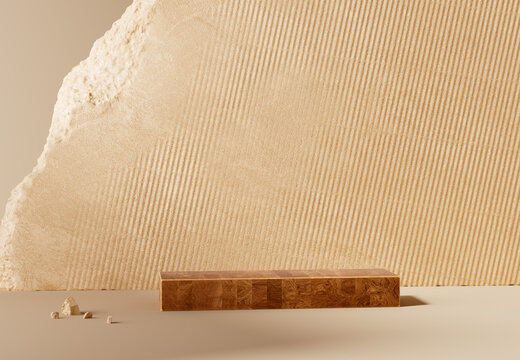 Empty studio scene for product presentation. Object placement background concept. Beige broken stone slab wall and wooden block podium 3d rendering