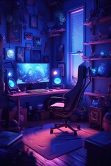 Room with screen with video game and gaming chair, created using generative ai technology