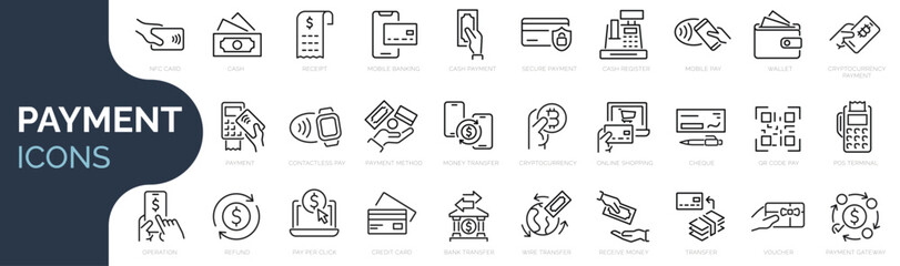 set of outline icons related to payment methods. linear icon collection. editable stroke. vector ill