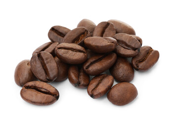 Many aromatic roasted coffee beans isolated on white