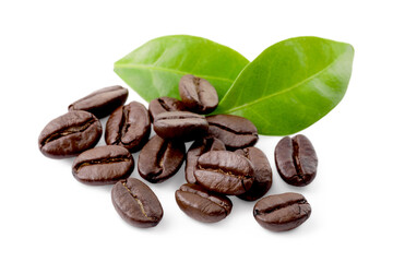 Poster - Roasted coffee beans and leaves isolated on white