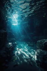 Wall Mural - Rays of sunlight and fish life in underwater cave, created using generative ai technology