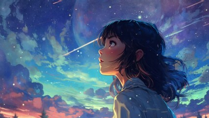 Wall Mural - Anime fantasy scene. Cute adorable girl looking at the stars at night. Lo-fi chill vibes. Beautiful colorful night. Moody video for chill music. Relaxing hip-hop feelings vibes. Sad woman in love.