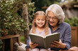 © wolfhound911 - Cheerful grandmother and granddaughter are reading a book together. Generative AI