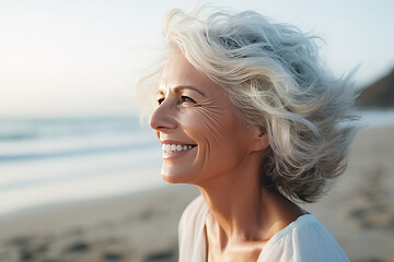 Close up portrait of mature senior woman on beach. Generative AI