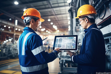 Factory Digitalization: Two Industrial Engineers Use Laptop Computer, Big Data Statistics Visualization, Optimization of High-Tech Electronics Facility. 