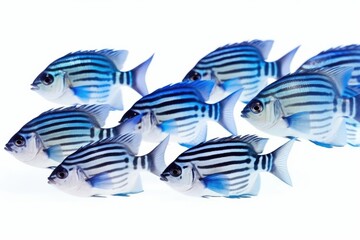 Wall Mural - A school of blue tropical striped fish on a white background.