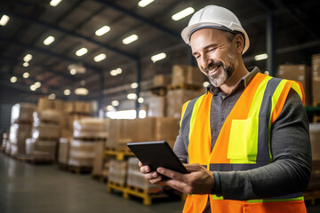 engineer worker using digital tablet for checking in factory. generative ai