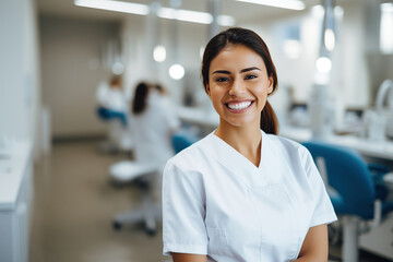 Portrait of a proud female dental hygienist student in college, smiling confidently as she represents her future occupation and the value of education . Generative AI