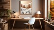© Muzaffer Stock - Poster mock up in home interior background, home office, Scandi-boho style, 3d render. Created with generative ai.