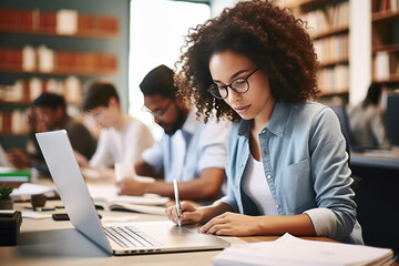 Wall Mural - Portrait of Young Biracial Woman Taking Notes at Her Desk While Looking for References on the Laptop. Busy Employees Are Collaborating in the Background. Generative AI